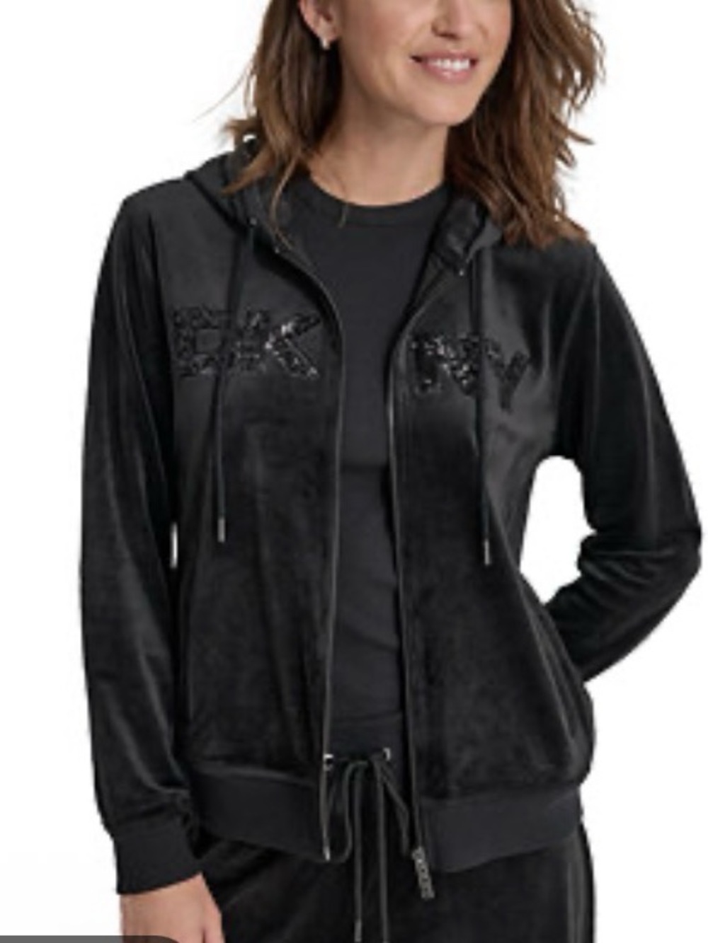 DKNY JEANS Sequin Logo Black Velour Full Zip Hoodie Sweatshirt Women Size PL